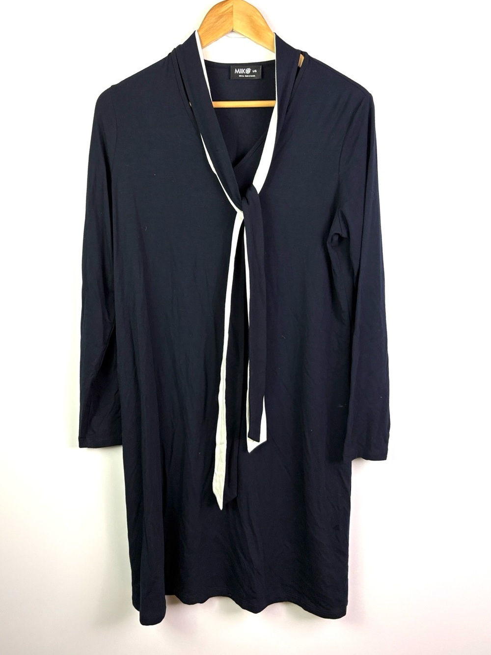 MIIK Navy Tie-Neck Shift Dress with White Trim made in Canada size L